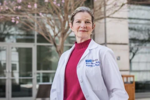 Dr. Joann Elmore poses for a portrait in the Ronald Reagan UCLA Hospital courtyard